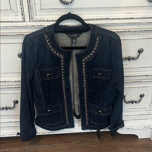 White House Black Market Navy Jean Jacket with Chain Trim